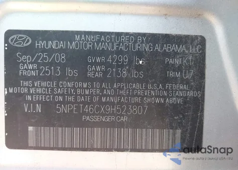 2009 Hyundai Sonata Gls z USA, uszkodzony, nr VIN 5NPET46CX9H523807